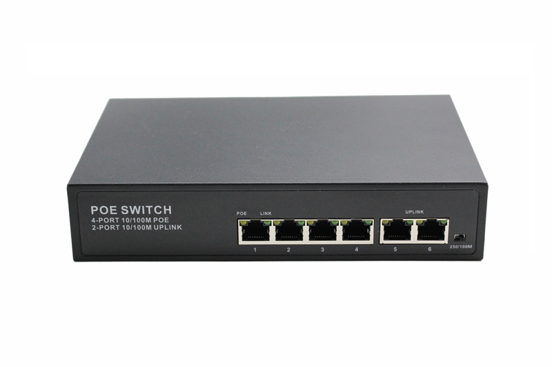 TV402-- 4 port 10/100 PoE switch with 2 uplink FE ports, built-in power